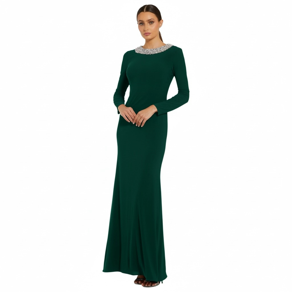 IEENA for MAC DUGGAL Beaded Collar Long Sleeve Jersey Stretch Gown Green XS
